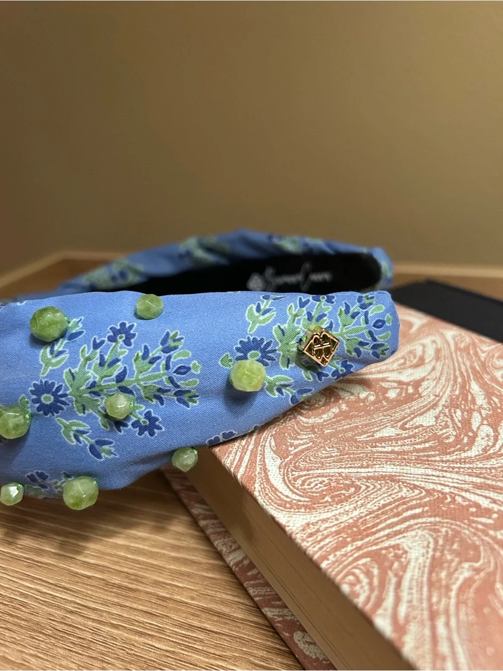 Brianna Cannon Blue Floral Twist Knot Headband with Green Stone Bead Detailing